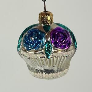 Vtg Mercury Glass Christmas Ornament Roses Basket West Germany Mouth Blown